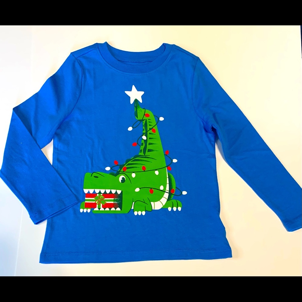 Blue long sleeve shirt with dinosaur wrapped in Christmas lights (Old Navy)